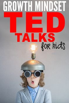 a young boy wearing glasses and a light bulb on top of his head with the words growth minds ted talks for kids