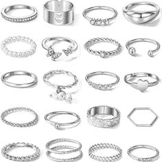 21 Pack Of Silver Rings Unique Rings With A Variety Of Themes, Can Be Worn Stacked Or Swapped Out To Match Your Asthetic. Made Of Silver Alloy, Lead And Nickel Free. Light And Comfortable To Wear. Last Photo Shows All The Ring Sizes (Shown In Gold Color But Rings Are Silver). Has Hearts, Twisted, Wavy, Hexagon, Rhinestones, Butterfly, Stars, Pearls, And More! Silver Ring Sets, Silver Rings Set, 20th Bday, School Rings, Pearl Butterfly, Ideas Clothes, Stackable Rings Silver, Butterfly Heart, Wholesale Silver Jewelry