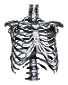 a cross stitched in to the shape of a human torso, with an arrow pointing up