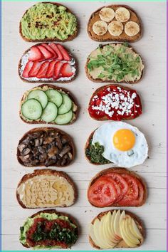 an assortment of sandwiches with different toppings on them, including tomatoes, cucumbers, and avocado