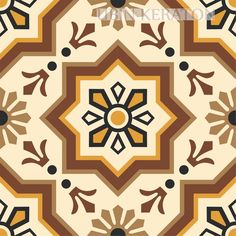 an artistic tile design in brown, yellow and white colors with black dots on the center