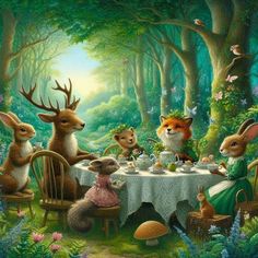 a painting of animals sitting at a table in the woods eating tea and talking to each other