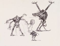 an image of three creepy creatures in the middle of a sketched scene with two men and one woman