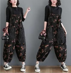 Casual Black Jumpsuit, Womens Denim Overalls, Black Denim Overalls, Womens Black Jumpsuit, Sewing Fashion, Retro Mode, Floral Denim, Loose Jeans, Baggy Pants