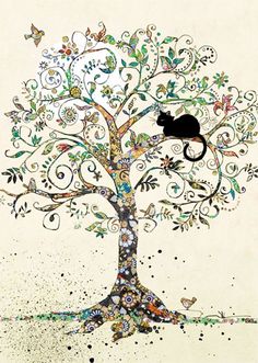 a black cat sitting on top of a tree with swirly branches and butterflies around it