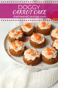 small carrot cupcakes with cream cheese frosting on a white plate