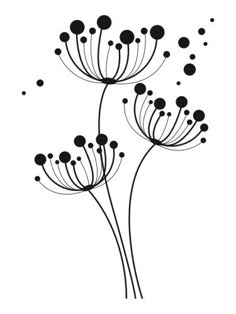 three black and white flowers with dots on the petals, one is drawn by hand