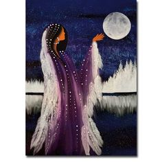 a painting of a woman in purple and white dress holding her hand up to the moon