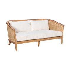 settee sofa natural wood rattan cane sides back white cushions Bedroom Seating Area Rattan, Ratan Furniture Upholstery, Natural Rattan Sofa, White Cane Furniture Outdoor, Pavi Ratton Day Bed, Pretzel Rattan Sofa, Cane And Black Sofa, Cane Sofa Living Room, Classic Cane Furniture