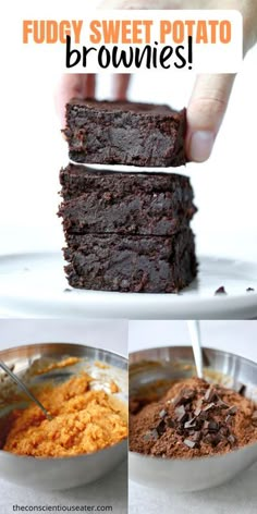 chocolate fudgy sweet potato brownies are stacked on top of each other and ready to be eaten