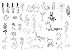 a bunch of doodles that are drawn in black and white with different designs on them