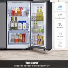 an open refrigerator with drinks and condiments in it's door, on a wooden floor