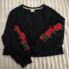 Cropped Rose Embroidered Sweater. From Francesca’s. Never Worn Book Merch, Clothes Diy, Embroidered Sweater, Colorful Sweaters, Diy Clothes, Womens Sizes, Womens Tops, Sewing, Sweatshirts