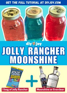 an advertisement for jelly rancher moonshine with three jars and one bag of jelly ranch