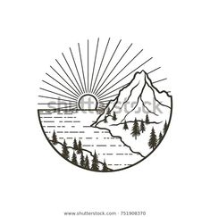 the sun is shining over mountains and trees with a lake in the foreground hand drawn illustration