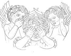 three angels with hands covering their faces in front of the viewer's eyes, one holding