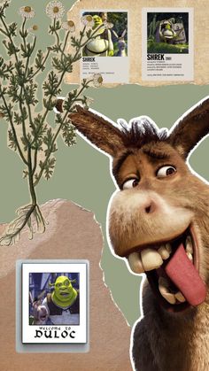 a donkey with its mouth open and tongue out next to a plant in the background