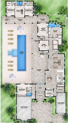 an aerial view of a house with a pool in the center and two pools on each side