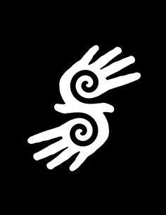 two hands reaching towards each other with spirals in the middle on a black background