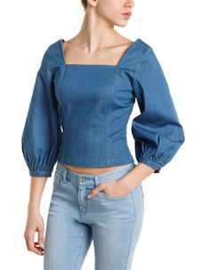 Denim Top Women, Top With Puff Sleeves, Denim Ideas, Miss Sixty, Recycled Denim, Spring Summer 2016, Denim Outfit