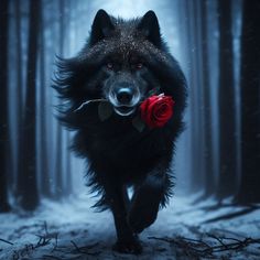 a black wolf with red eyes and a rose in its mouth walking through the woods