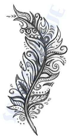 a black and white drawing of a feather with swirly feathers on it's tail