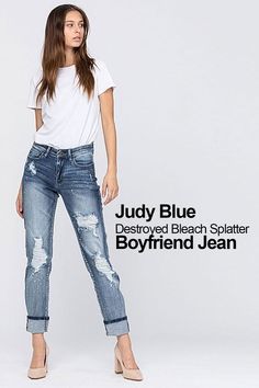 Blue skies will smile down at you when you rock a pair of these brilliantly bleach splattered, true to size Destroyed Bleach Splatter Boyfriend Jeans. The premium "light blue wash" cotton fabric creates comfort unmatched and the precision whisker detail will chase any gray skies away. #denimjeans #jeans #everythingdenim #denimforever #pants #popstry #skinnyjeans #destroyedjeans #judyblue #bluejeans Destroyed Jeans, Rock A, You Rock, Blue Skies, Outfit Summer, Wide Leg Jeans