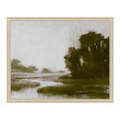 an oil painting of trees and water in the foreground, on a white background