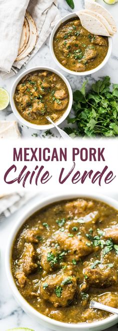 mexican pork chile verde soup with tortillas and cilantro on the side