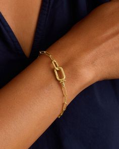 This stylish Crew Link Bracelet features an interlocking link design and push hinge closure, making it easy to wear and perfect for layering with your favorite bracelets. Its beautiful textured detail adds a touch of elegance to any outfit. We love it stacked with dainty gold bracelets. Crew Link Bracelet in 18k Gold, Women's by gorjana Earrings Stacking, Dainty Gold Bracelet, Link Design, Gold Bracelets, 14k Gold Necklace, Mix Style, Gold Necklaces, Silver And Gold, Stacking Rings