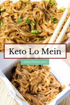 two pictures with the words keto lo mein in front of them and an image of noodles