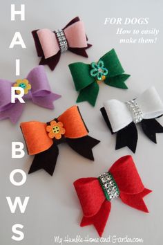 four different colored bows are shown with the words hair bows written below them in black, white, red, and green