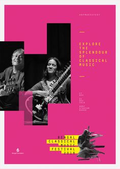 an advertisement for a musical festival with two people playing instruments and one person holding a guitar