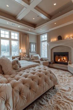 a living room filled with furniture and a fire place in the middle of it's walls