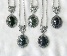 "These delicate necklaces feature an 18x13mm gemstone cabochon.  I have used an ornate antiqued silver finished brass setting, with a vintage style connector.  The focal is 1.75\" long by 7/8\" wide, including the connector.  The matching chain is 16\" long.  I have used a small lobster-claw clasp. There is only one necklace of each variety available. The chain can be lengthened or shortened as desired.  The clasp can also be substituted if required.  This necklace is also available without the connector.  Please let me know your preferences before shipping." Victorian Necklace, Blue Goldstone, Snowflake Obsidian, Delicate Necklace, Necklace Silver, Vintage Stil, Silver Necklaces, Style Vintage, Antique Silver