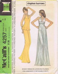 1970s McCall's 4257 Vintage Sewing Pattern - Stephen Burrows - Misses' Dress or Lounging Pajamas - for Unbonded Stretchable Knits: Pullover dress or pajama top has high cut armholes, and collar cut in one with fronts. Pants have elastic in waistline casing. Dress and lounging pajamas have stitch trim. Size: 12 Bust: 34 Waist: 26 1/2 Hip: 36 Copyright: 1974 Pattern is: Partially cut and complete; dress or top cut to the longest length; pants have not been cut Envelope condition: Lightly tanned; s Stephen Burrows, Midi Top, 70s Sewing Patterns, Racer Back Dress, 1970s Sewing Patterns, Patron Vintage, Pajama Pattern, Fashion Artwork, Paper Sewing Patterns