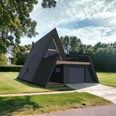 an upside down house in the middle of a field with grass and trees around it