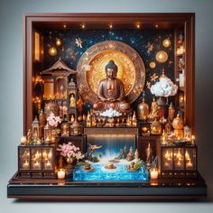 the buddha statue is surrounded by candles and other decorations