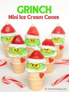 mini ice cream cones with grin face hats and candy canes