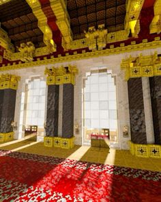 the interior of a building with red and yellow decorations