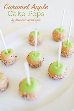 caramel apple cake pops with sprinkles on a white plate