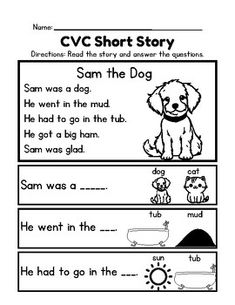 the cvc short story worksheet is shown in black and white, with an image of a dog