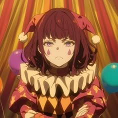 an anime character with red hair and blue eyes wearing a clown outfit, standing in front of balloons