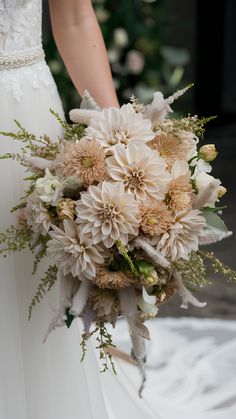 Sophisticated Beige Dahlias for Neutral Wedding Themes White And Tan Flower Arrangements, Neutral Color Wedding Flowers, Neutral Wedding Bouquet Summer, Wedding Flowers Chrysanthemum, Cream And Green Bridal Bouquet, Wedding Bouquet Idea, Neutral Color Scheme Wedding, Green White Brown Wedding Bouquet, Neutral Flowers For Wedding