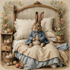 a painting of a rabbit sitting on top of a bed