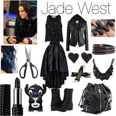 a woman in black outfit and accessories with text that reads jade west