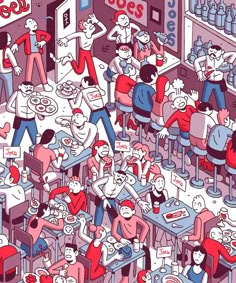 an illustration of people sitting at tables in a restaurant eating pizza and drinking sodas