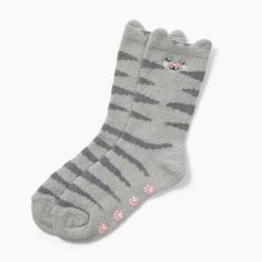 Calling all cat lovers!  Feel the cozy comfort of our super-soft cat crew socks.  Each sock has cute little ears, a sweet embroidered face, and silicone paw prints to help steady your step.  Perfect for lounging, warming your toes, and showing your playful side. Paws Socks, Embroidered Face, Grey Cat, Fuzzy Socks, Paper Source, Paw Prints, Comforters Cozy, Crew Socks, Paw Print