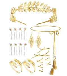 PRICES MAY VARY. SURPRISE GREEK GODDESS COSTUME: You will receive 1 piece of leaf crown, 2 pieces of leaf armbands, 1 pair of leaf earrings, 1 piece of gold belt, 1 piece of leg wrap, and 8 piece of hair clips; Elegant accessories can meet your wedding and cosplay needs. GREEK GODDESS ACCESSORIES: These hairpieces, earring, coil bracelets are all designed with laurel leaves shape, easy to match well with Greek style clothing; The gold waist belt and leg wraps can match your robe and shoes, to sh Greek Goddesses Costume, Goddess Costume Accessories, Greek Goddess Wedding, Greek Goddess Crown, Goddess Accessories, Leaves Crown, Greek Accessories, Goddess Wedding, Gold Waist Belt