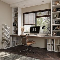 a home office with bookshelves, desk and chair in front of a window